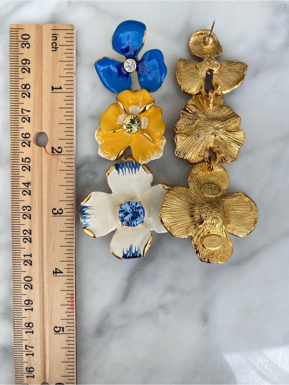 Kenneth Jay Lane Blue, Yellow & White Triple-Flower Drop Earrings - Picture 9 of 9